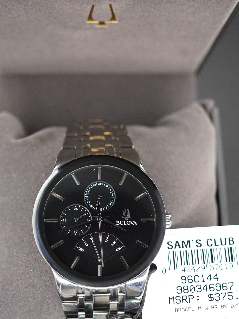 Bulova 96C144 Quartz Multifunction Day-Date Black Dial Stainless Steel Watch